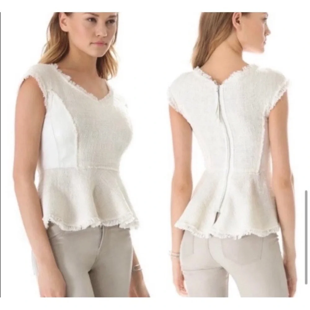 Rebecca Taylor Blouse 4 Tweed Leather‎ Peplum Coquette Old Money Luxury $350 - Picture 4 of 16